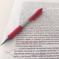 Se muestra parte de un folio con un texto literario impreso y se aprecian algunas correcciones en rojo. Aparece un bolígrafo rojo cruzado sobre el folio.
